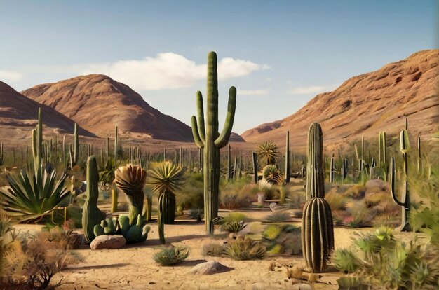 Cactus desert landscape Cacti desert on blue sky