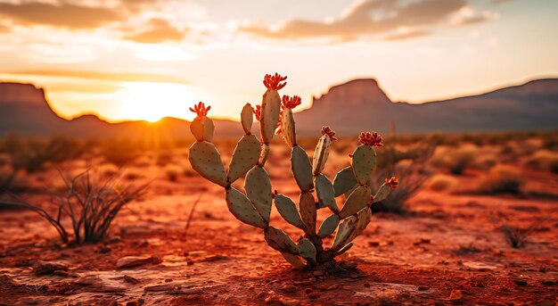 A cactus in the desert at sunset with mountains