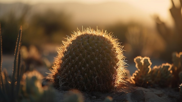 A cactus in the desert at sunset