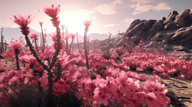 Cactus in the desert with pink flowers generative