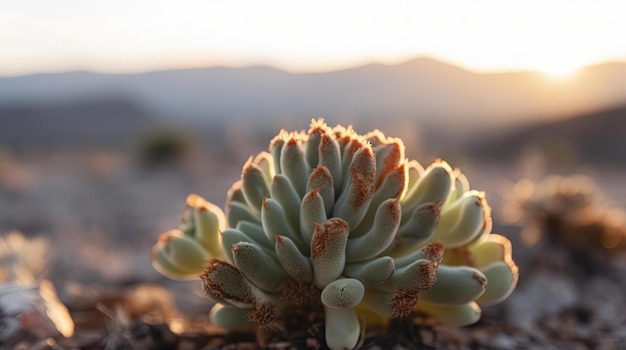 A cactus in the desert with the sun setting behind it