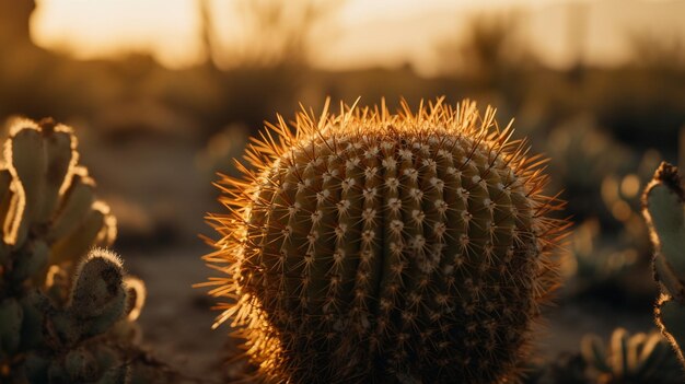 A cactus in the desert with the sun setting