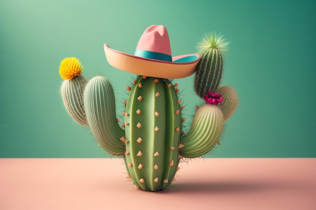 Cactus draagt een Mexicaanse sombrero hoed cinco de mayo viering achtergrond generatieve ai
