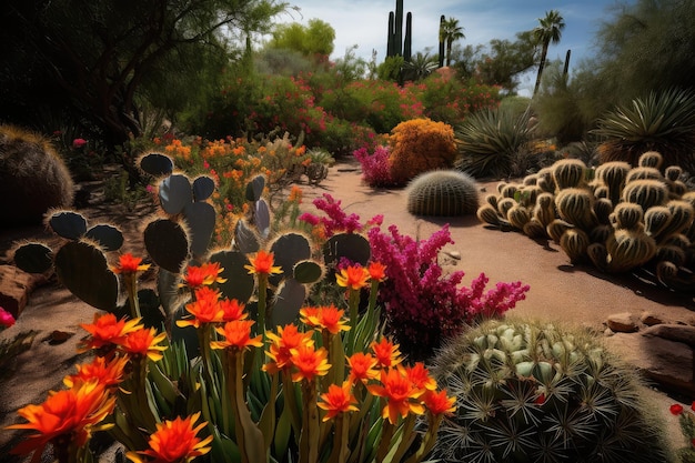 Photo cactus garden with vibrant blooms and hummingbirds