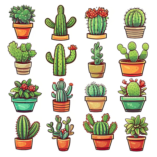 Cactus icons set sticker on white background