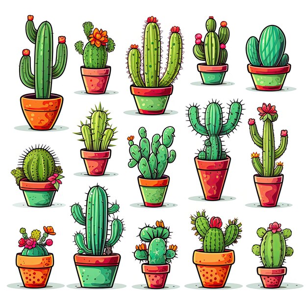 Cactus icons set sticker on white background