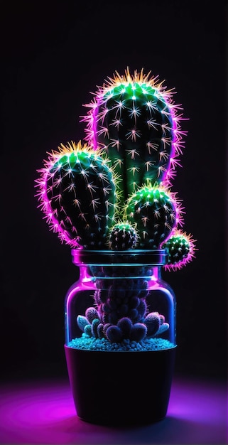 Cactus in vaas op zwarte achtergrond met neonlichten 3D-weergave