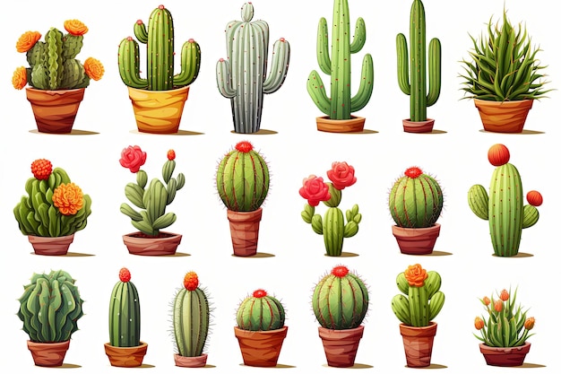 Foto cactus met potten sticker en cartoon clipart set illustratie geïsoleerd op een witte achtergrond