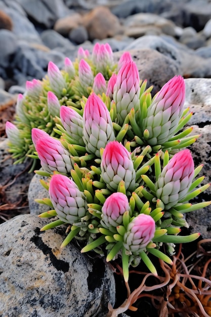 Cactus met roze bloemen aan de rotsachtige kust van de Atlantische Oceaan