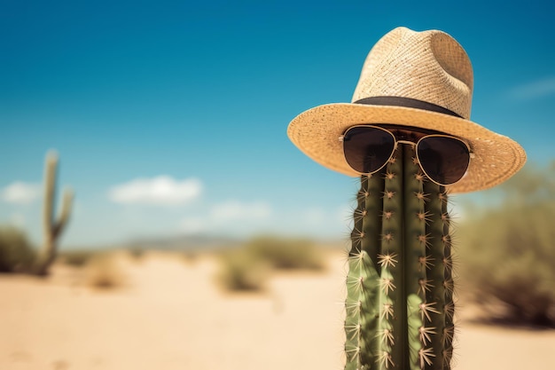 Foto cactus met strohoed en zonnebril in de woestijn reisconcept banner voor reisbureau