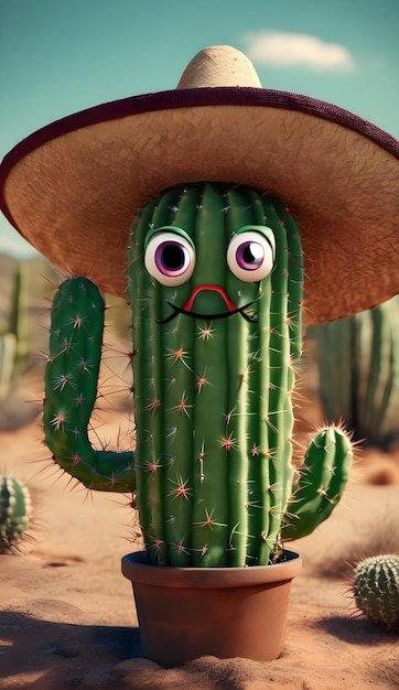 メキシコのソンブレロ 3D 帽子をかぶったサボテン