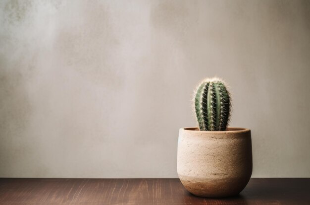 cactus in neutral toned cement pot on wooden table
