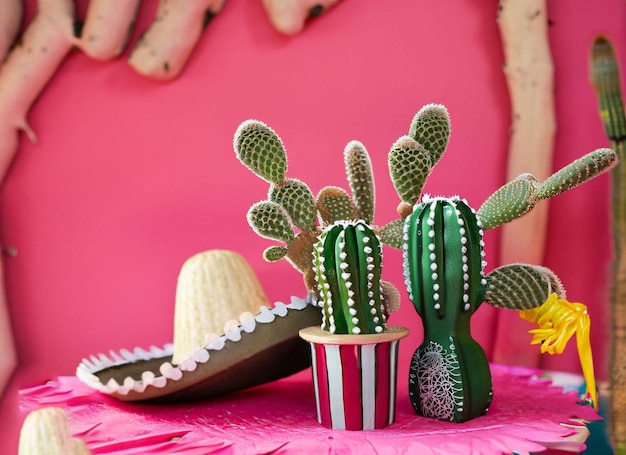 Cactus and pink sombrero arrangement for party