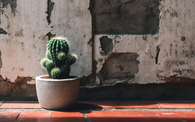 cactus placed on old floor old red brick wall