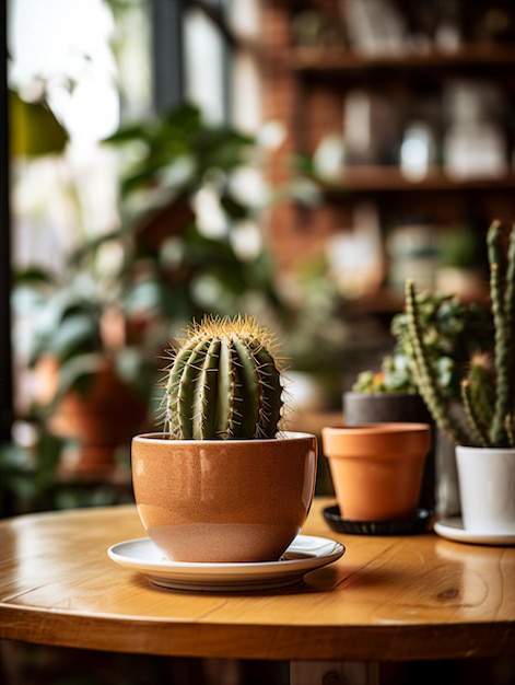 a cactus plant sits on a table in a cafe