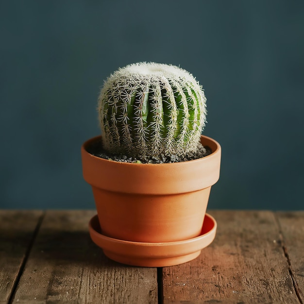 a cactus plant sits on a wooden table