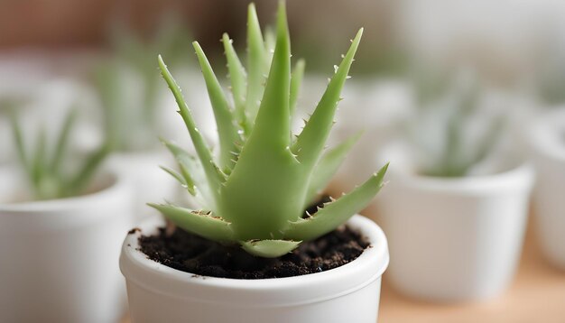 a cactus plant in a white cup with a white bowl