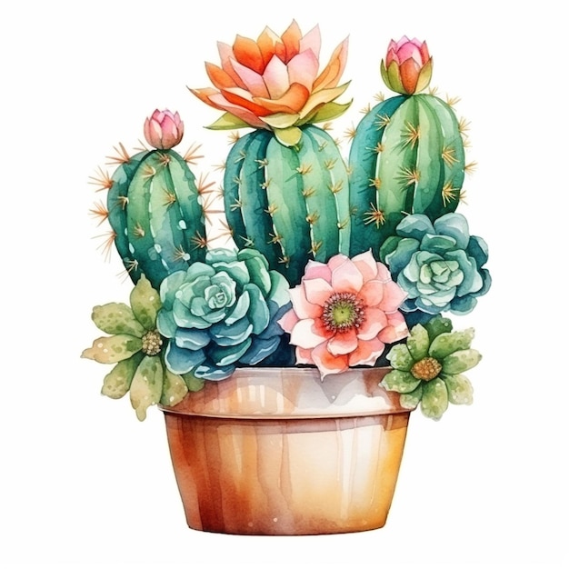 cactus plant with flowers in a pot on a white background generative ai