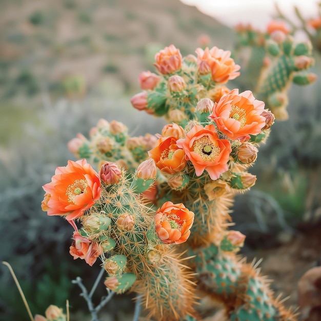 Foto pianta di cactus con fiori d'arancia nel deserto