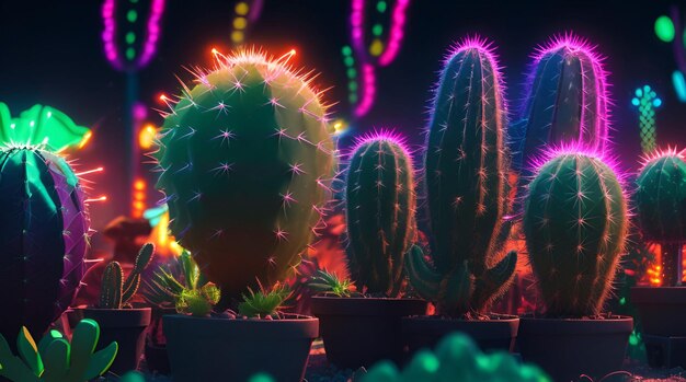 a cactus plant with purple and pink lights