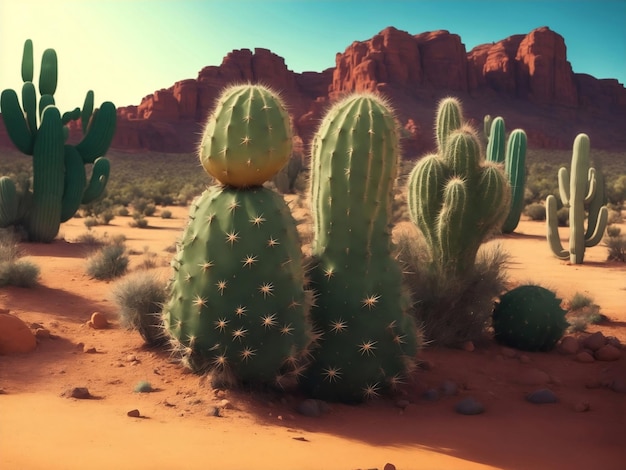 Кактусовые растения в пустыне Иллюстрация генеративного ИИ