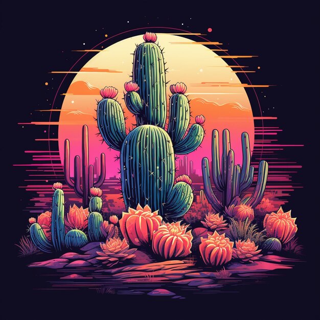 Cactus plants in the desert at sunset with a full moon generative ai