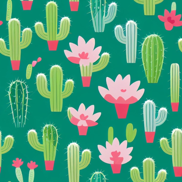 cactus plants and flowers are in a green background generative ai