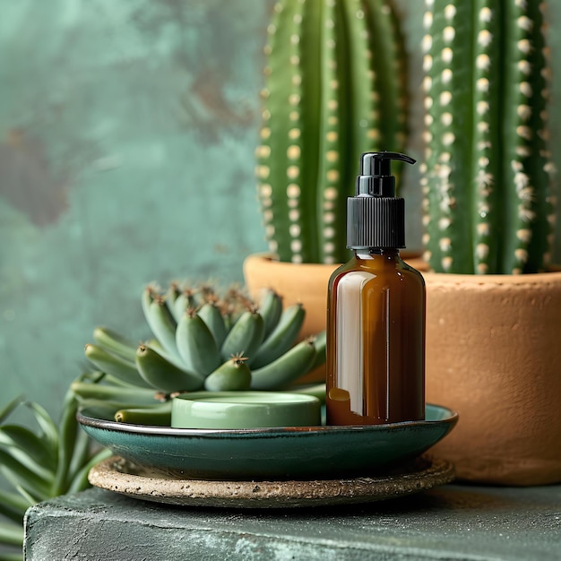 Cactus plants in natural home decor with bottle of natural skin soap and other items