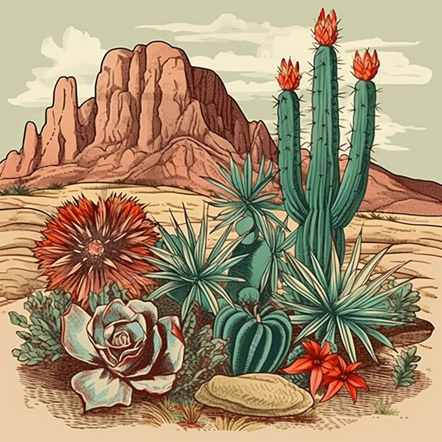 Cactus plants and succulents in the desert with mountains in the background generative ai