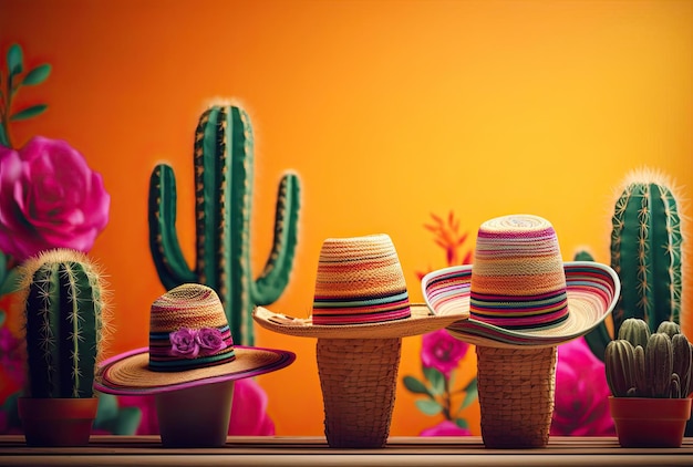 cactus plants with sombreros on a colorful background