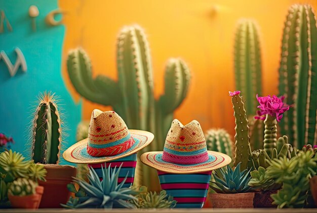 cactus plants with sombreros on a colorful background