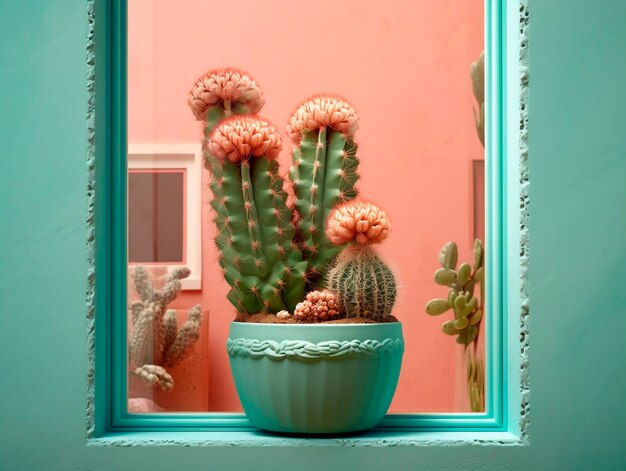 Cactus in a pot on the background of a window with a blue wallAI Generated