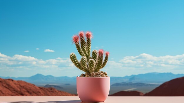 A cactus in a pot stands on a table against a desert background Place for text Copy space