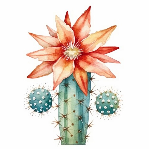 Cactus in a pot with a flower. watercolor illustration.