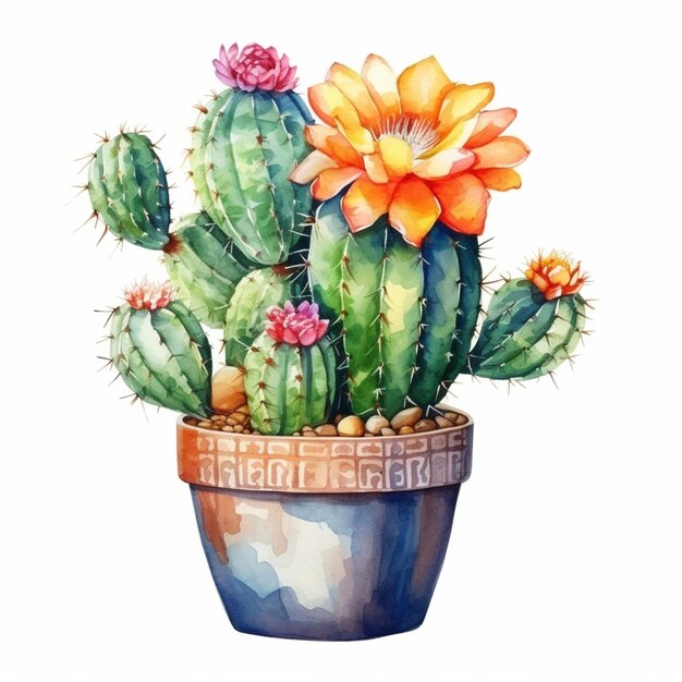 cactus in a pot with flowers on a white background generative ai