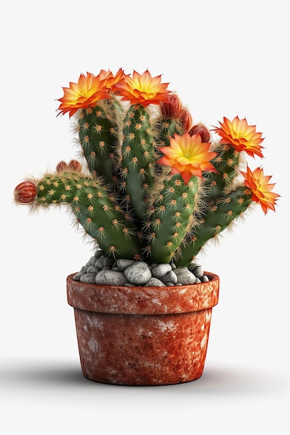 A cactus in a pot with a red flower.