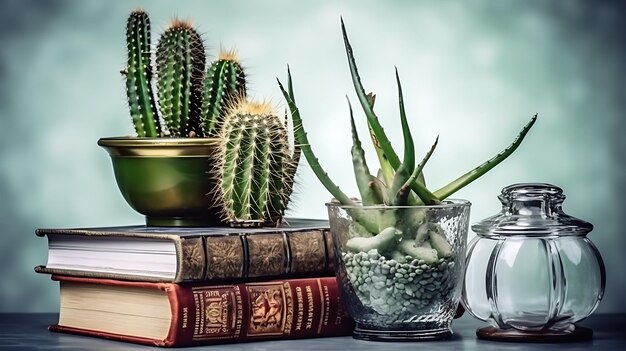 Cactus in a pot with vintage book Closeup