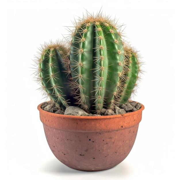 A cactus in a pot with a white background