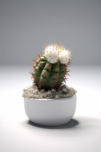 Un cactus in una pentola con sopra delle palline bianche