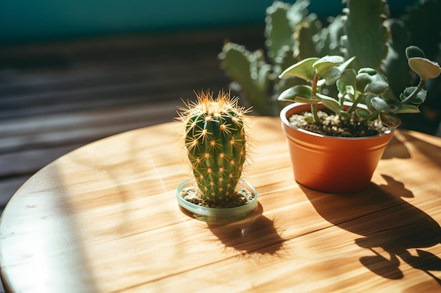 Cactus in Pot on Wooden Table Sunlight