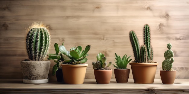 cactus in pots on wooden bench in the style of minimalist background