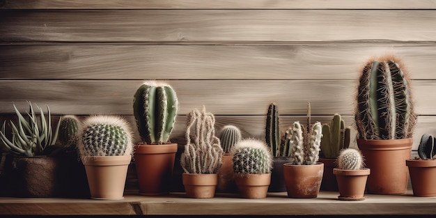 cactus in pots on wooden bench in the style of minimalist background