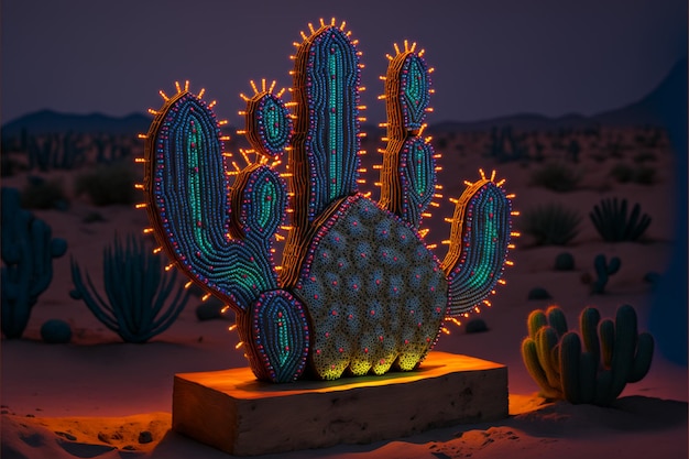 A cactus sculpture with neon lights on it