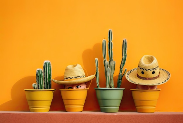 Cactus set against a yellow wall with mexican faces to wear hats in the style of dark orange