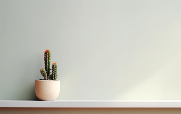 Cactus on a shelf by a blank wall background