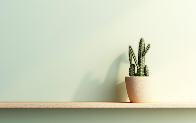 Cactus on a shelf by a blank wall background