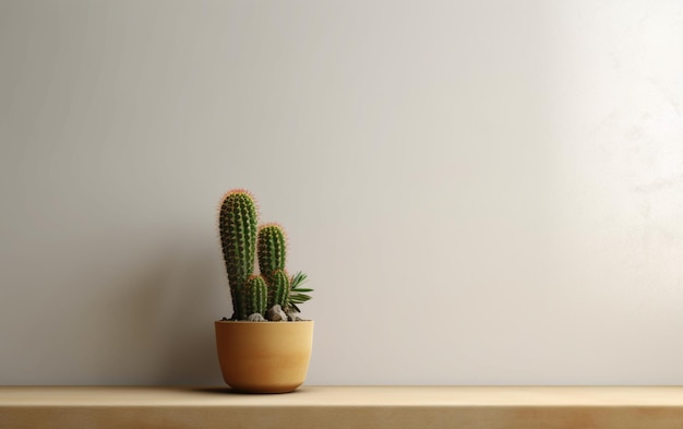 Cactus on a shelf by a blank wall background