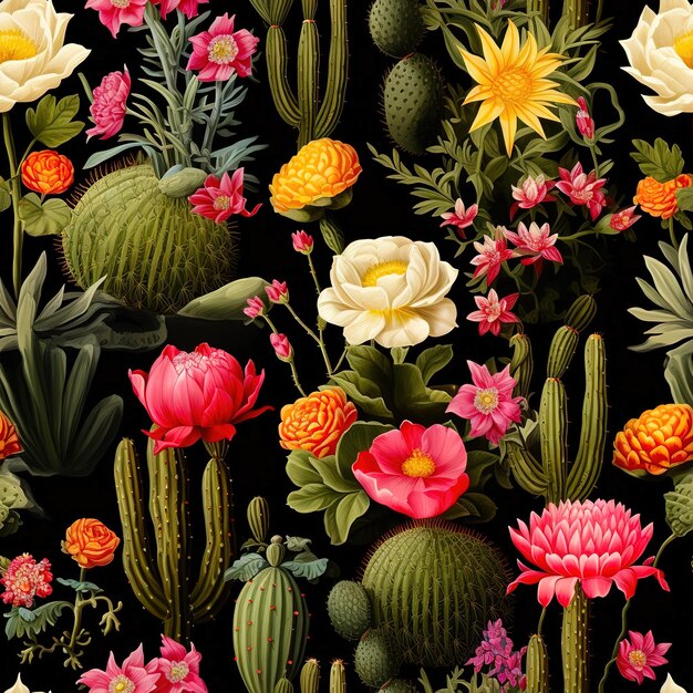 Cactus style Pattern with Flowers