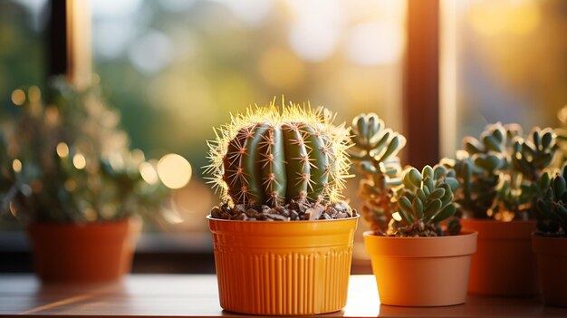 Photo cactus succulent desert plant on table warm sun light house decoration