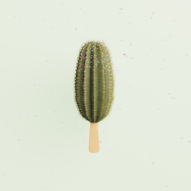 Cactus summer ice cream with falling colorful confetti. minimalistic scene. 3d render